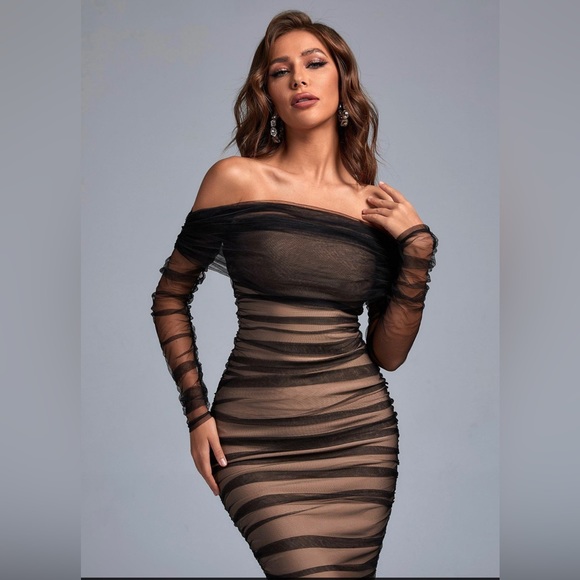 Rowena Ruched Mesh Bandage Midi Dress - Black - Picture 3 of 4